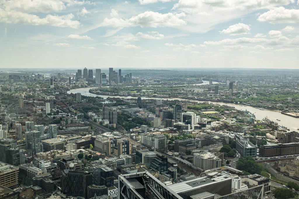 View East to Canary Wharf from Horizon 22, a free viewing platform in London