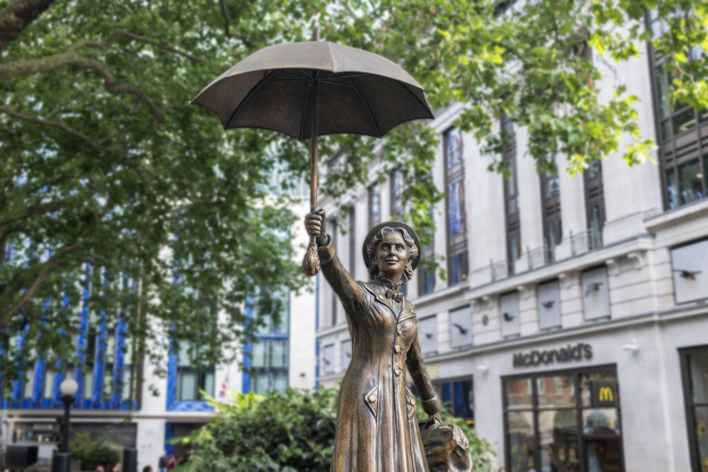 Statue of Mary Poppins in Leicester Square, London, part of the 'Scenes in the Square' trail