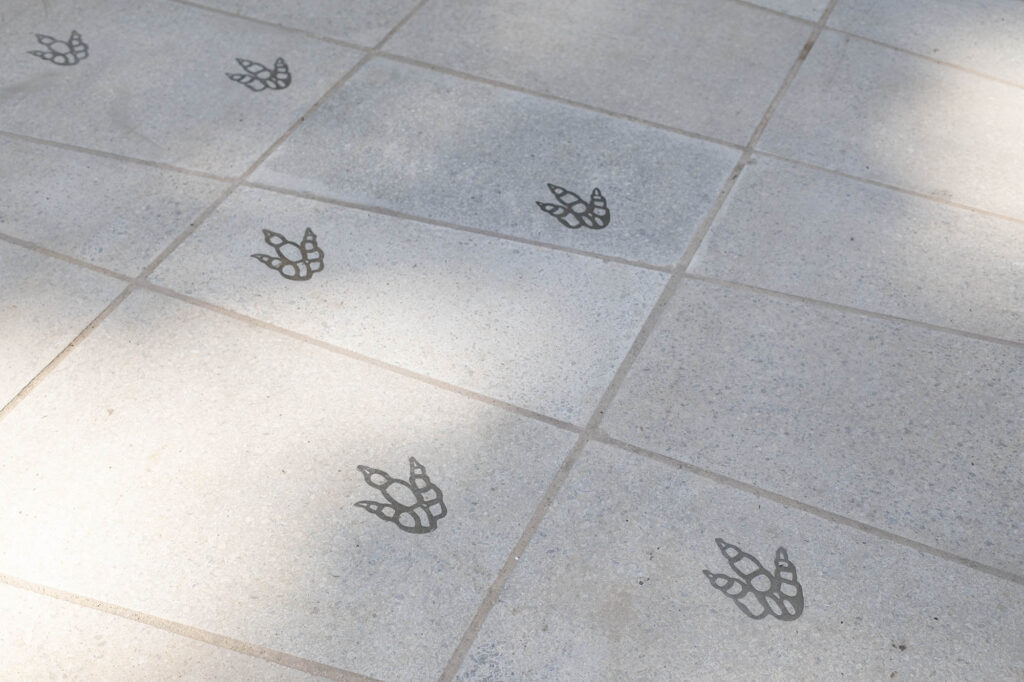 Dinosaur footprints in the floor of the newly opened Natural History Museum Gardens - the Evolution Gardens.