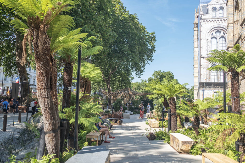 A photo of the newly opened Natural History Museum Gardens - the Evolution Gardens with the bronze diplodocus called Fern that is based on Dippy.