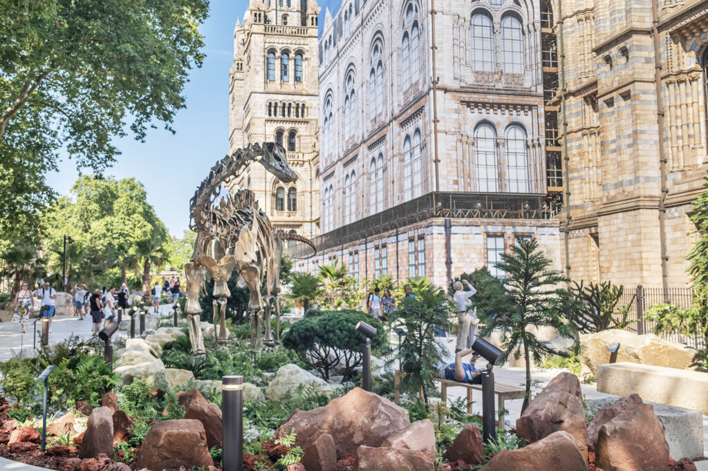 A photo of the newly opened Natural History Museum Gardens - the Evolution Gardens with the bronze diplodocus called Fern that is based on Dippy.