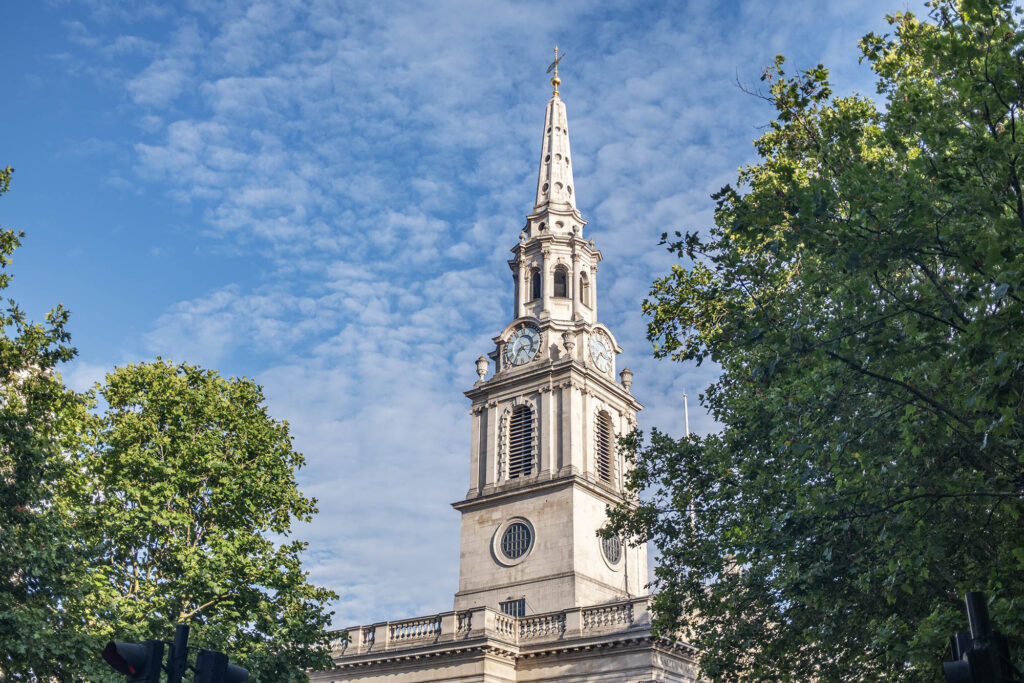 The spire of St Martin-in-the-Fields church in London, situated on Trafalgar Square