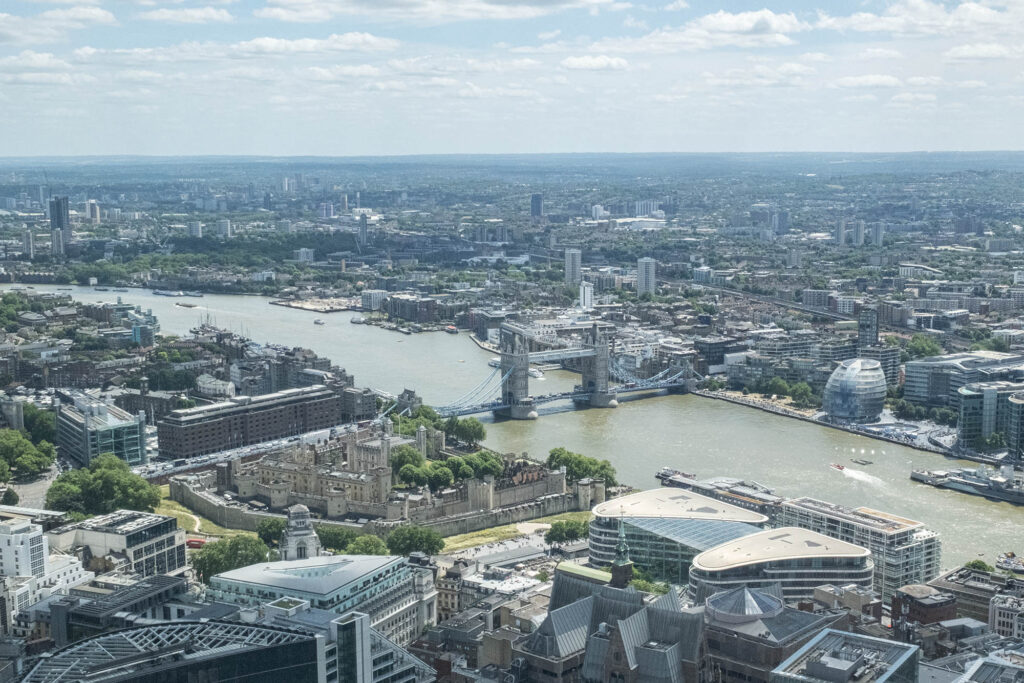 View East over Tower Bridge and the Tower of London from the Lookout, a free viewing platform in London