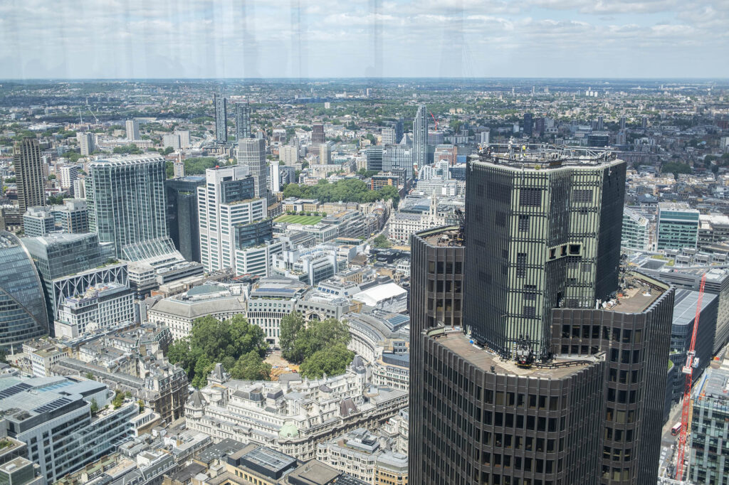 View West over the City of London and Tower 42 from the Lookout, a free viewing platform in the City of London