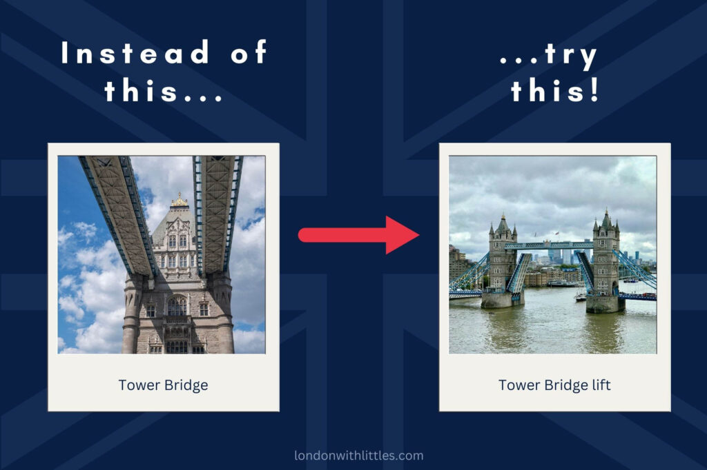 An image illustrating a cheaper and quieter alternative to the Tower Bridge Exhibition in London in the form of watching a bridge lift