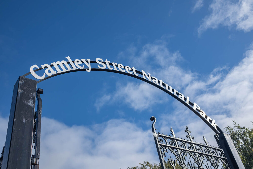 Photo of the entrance sign to Camley Street Natural Park in King's Cross.